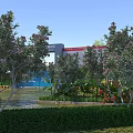 Clear Blue Sky Scenery With Lush Flowering Trees And Dense Green Shrubs By Factory Gate