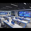 Modern Control Room Setup With Multiple Screens Control Desks And Blue Lighting 3d model