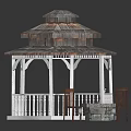 Outdoor Wooden Gazebo With White Columns Stone Fire Pit And Chairs In Yard Setting