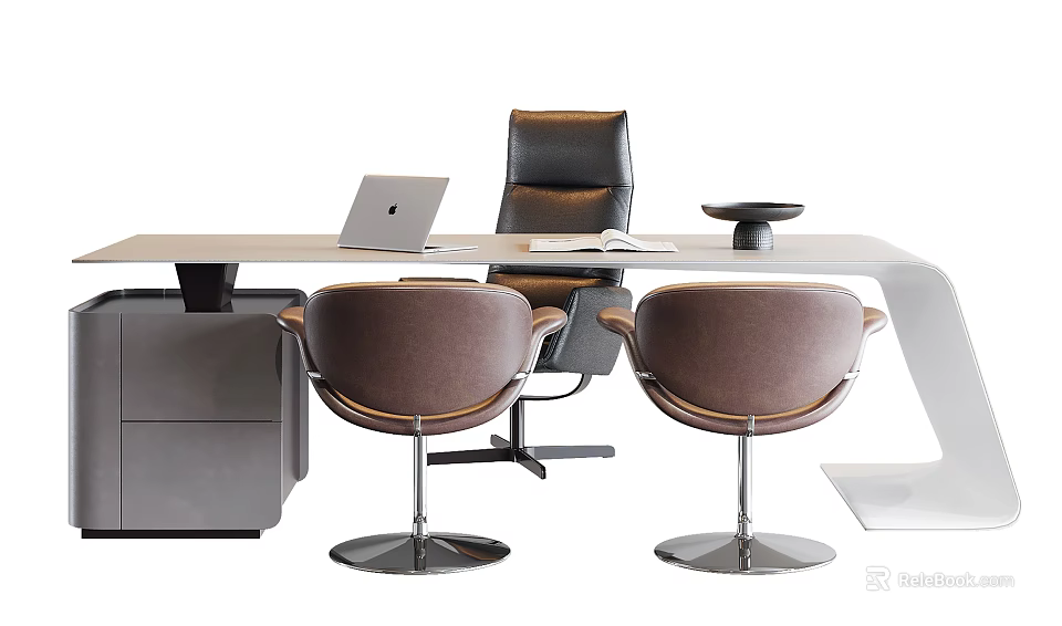Modern Office Desk Workspace With Laptop Black Chair Two Brown Armchairs And Cabinet 3d model 