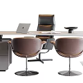 Modern Office Desk Workspace With Laptop Black Chair Two Brown Armchairs And Cabinet