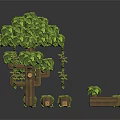 Pixel Art Style 3D Render With Tree Wooden Blocks And Small Plants