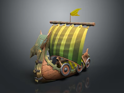 Vintage Wooden Viking Ship with Green Yellow Striped Sail Yellow Flag and Dragon Head 3d model