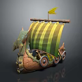 Vintage Wooden Viking Ship with Green Yellow Striped Sail Yellow Flag and Dragon Head