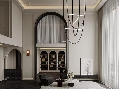 Modern High Ceiling Living And Dining Interior With Elegant Arch Design And Chic Pendant Lighting 3d model
