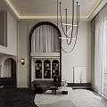 Modern High Ceiling Living And Dining Interior With Elegant Arch Design And Chic Pendant Lighting