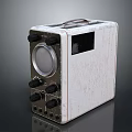 Vintage Electronic Equipment With Worn Wooden Case Circular Dial Knobs And Handle