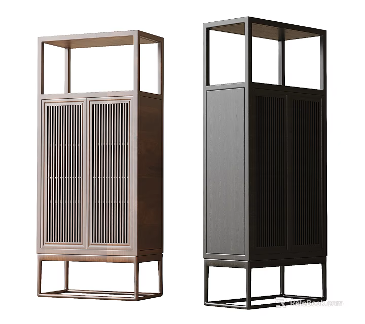 Modern Sideboard Designs Light Wood and Dark Gray with Slatted Doors Open Shelves and Legs 3d model 