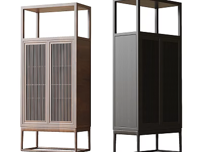 Modern Sideboard Designs Light Wood and Dark Gray with Slatted Doors Open Shelves and Legs 3d model