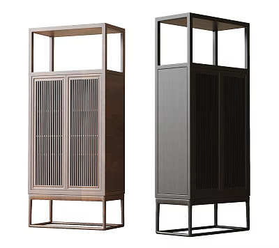 Modern Sideboard Designs Light Wood and Dark Gray with Slatted Doors Open Shelves and Legs 3d model