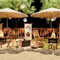 Outdoor Landscape Seats With Two Umbrellas Fire Pits String Lights And Wooden Fences