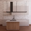 Modern Kitchen With Brick Wall Cabinets Wooden Island And Speckled Countertop