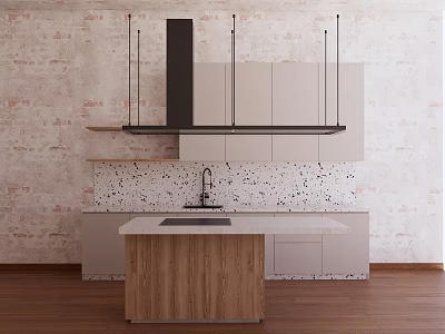Modern Kitchen With Brick Wall Cabinets Wooden Island And Speckled Countertop 3d model