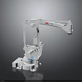 White ABB Industrial Robot Arm With Multiple Joints And Blue Base Details