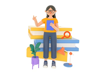 Game Movie Character Girl In Yellow Shirt Sitting On Books Holding Blue Book With Gesture 3d model