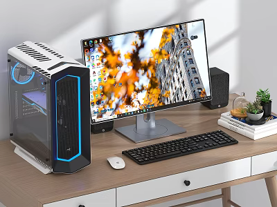 Modern Desktop Computer Setup with Monitor Case Keyboard Mouse and Speakers on Wooden Desk 3d model