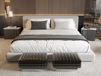 Modern Double Bed Interior With Wooden Headboard White Sheets And Leather Stools 3d model