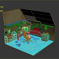 Rusted Walls Interior Scene With Blue Floor Orange Chair Shelves Pipes And Equipment Screens