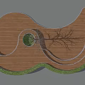 Curved Landscape Seating on Wooden Deck with Central Tree Green Grass under Blue Sky