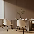 Modern Dining Table Set with Cream Chairs Green Plant Vase and Books on Tabletop