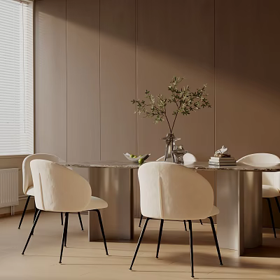 Modern Dining Table Set with Cream Chairs Green Plant Vase and Books on Tabletop 3d model