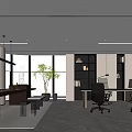Modern Office Interior With Open Layout Large Windows Desks Chairs Bookshelves And Green Plants