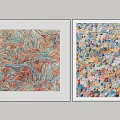 Two Framed Abstract Artworks With Wavy Lines And Colorful Collage Patterns
