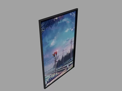 Framed Landscape Painting With Blue Sky Trees And Street Lamp Art 3d model
