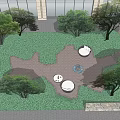 Courtyard Garden Design Featuring Lush Trees Green Lawn Circular Seating And Stone Pathways