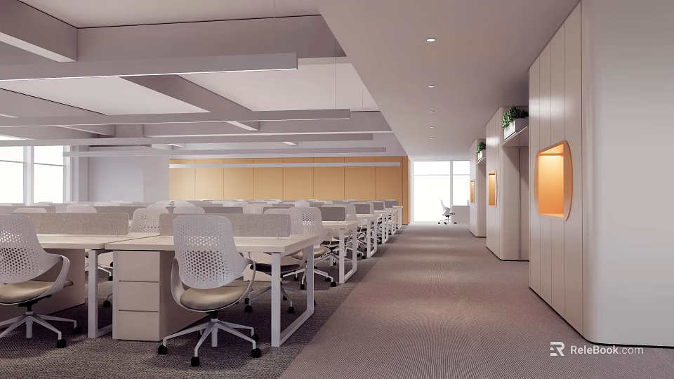 Modern Public Office Area Featuring Open Workstations Ergonomic Chairs And Bright Lighting 3d model