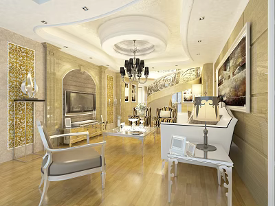 Luxury Classical Living Room Interior Design With Exquisite Chandelier And Cozy Home Furniture Decorations 3d model