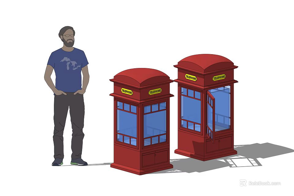 Red Public Phone Booths With Glass Windows And A Man Standing Beside 3d model 