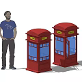Red Public Phone Booths With Glass Windows And A Man Standing Beside