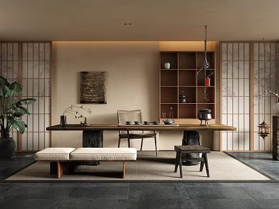Japanese Style Tea Room Interior With Tatami Tea Table Shoji Screens And Green Plants 3d model