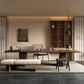 Japanese Style Tea Room Interior With Tatami Tea Table Shoji Screens And Green Plants
