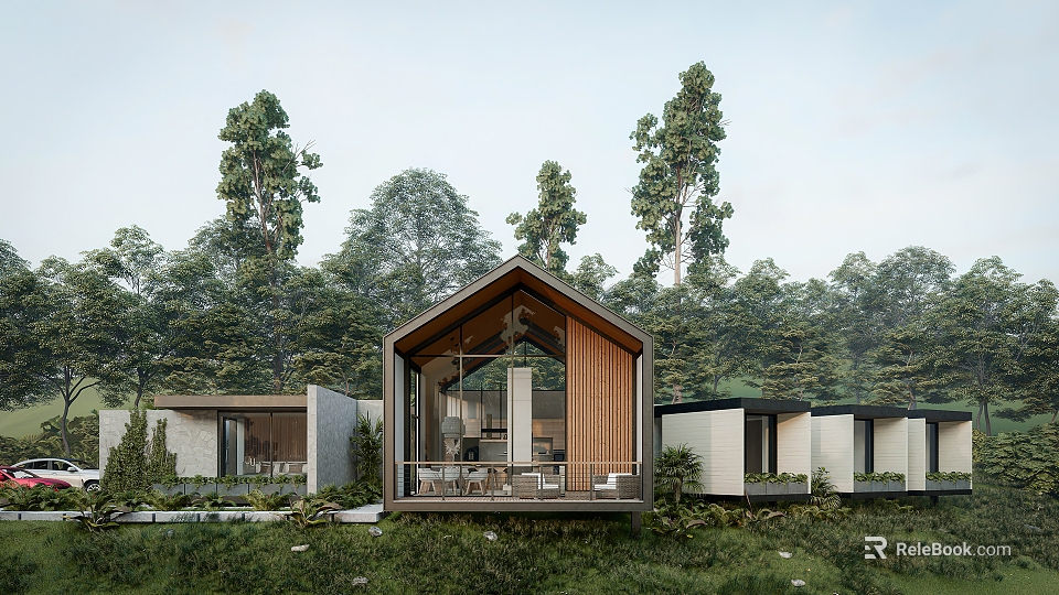 Modern Detached Villa With Wooden Exterior Large Windows And Lush Forest Surroundings 3d model 