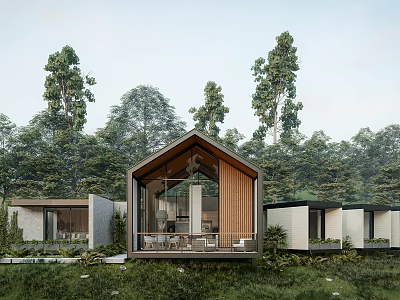 Modern Detached Villa With Wooden Exterior Large Windows And Lush Forest Surroundings 3d model
