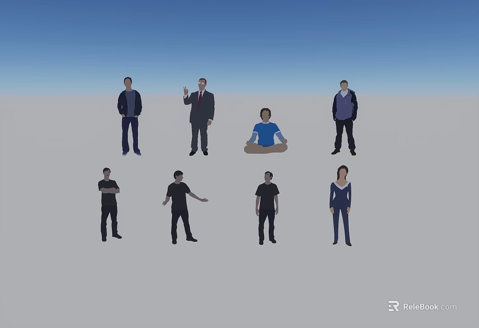 Group of People in Various Poses Standing and Sitting in Open Space 3d model 