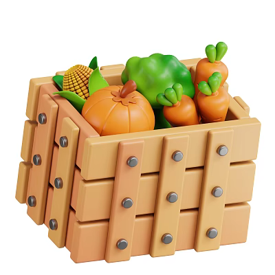 Wooden Crate Filled With Fresh Corn Bell Pepper Pumpkin And Carrots 3d model