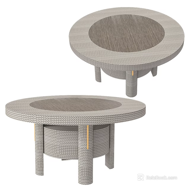 Gray Woven Round Coffee Table With Circular Top And Gold Accents 3d model 