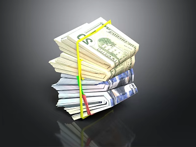 Household Supplies Colored Rubber Bands Bundling Stacked US Dollar And Euro Banknotes 3d model