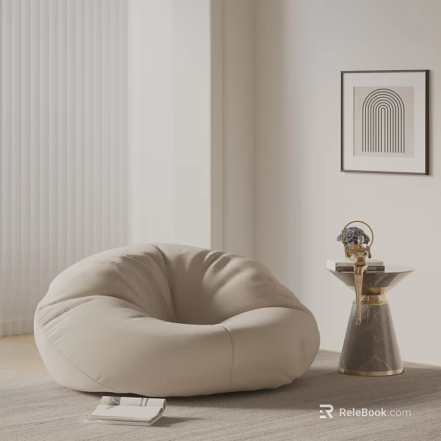 Cozy Bean Bag Chair with Gold Pedestal Side Table Sculpture White Blinds and Wall Art 3d model 