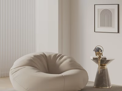 Cozy Bean Bag Chair with Gold Pedestal Side Table Sculpture White Blinds and Wall Art 3d model