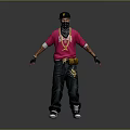 Game Movie Character Wearing Red T-shirt Black Bandana with Tattoos Dark Pants Yellow Fanny Pack