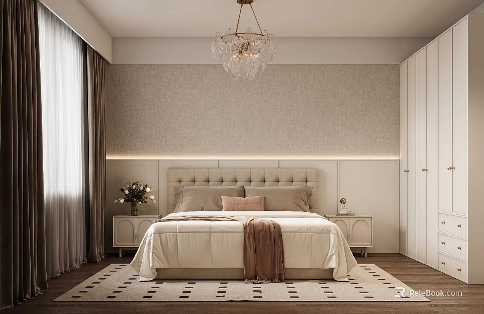 Elegant Bedroom Interior With Chandelier Upholstered Headboard Pillows Nightstands Curtains And Area Rug 3d model 