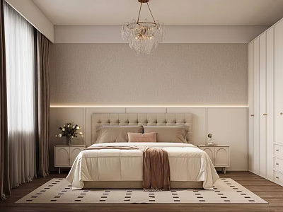 Elegant Bedroom Interior With Chandelier Upholstered Headboard Pillows Nightstands Curtains And Area Rug 3d model