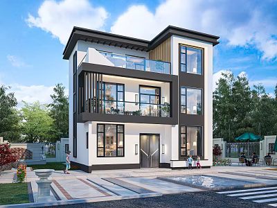 Two Story Modern Detached Villa Exterior Featuring Large Glass Windows Balcony And Trees 3d model