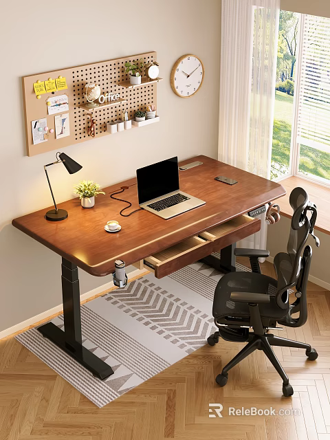 Home Study Room Featuring Wooden Desk Laptop Ergonomic Chair Pinboard Window And Rug 3d model 
