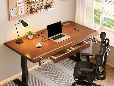 Home Study Room Featuring Wooden Desk Laptop Ergonomic Chair Pinboard Window And Rug 3d model