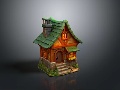 Fairy Tale Style Small Cottage With Green Roof Chimney Orange Walls Steps And Lit Window 3d model